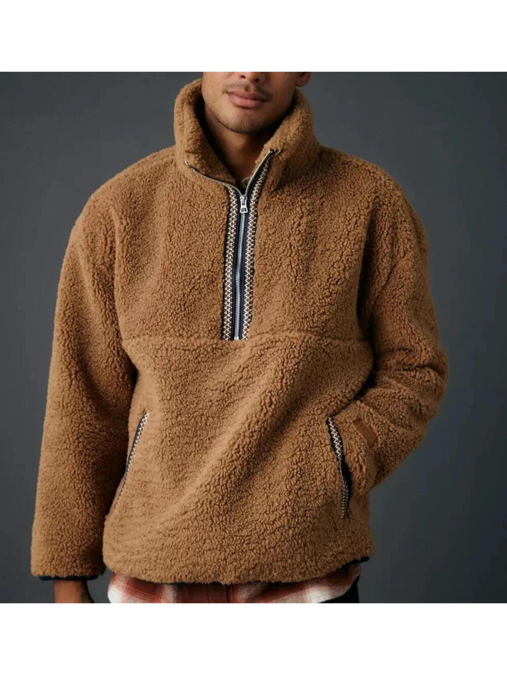 NEW UGG Mens UGGBraid Half Zip SHERPA Pullover Chestnut Brown Fleece, Size Large